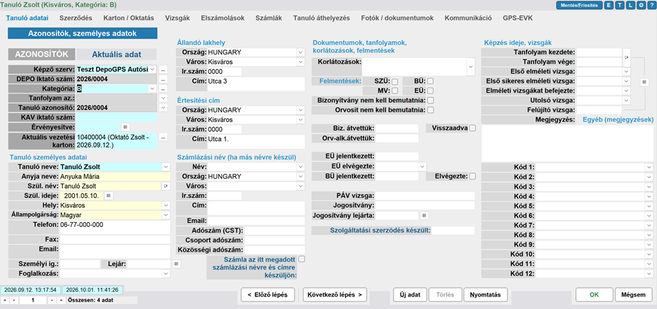 Tanuló nyilvántartás űrlap, azonosítás oldal
